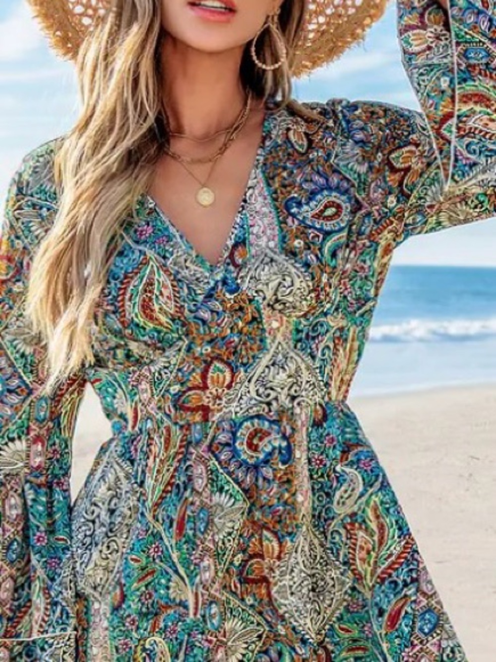 BOHEMIAN - STYLE V-NECK DRESS SIZE MEDIUM    EUC